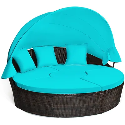 Patio Rattan Daybed Cushioned Sofa Adjustable Table Top Canopy Turquoise