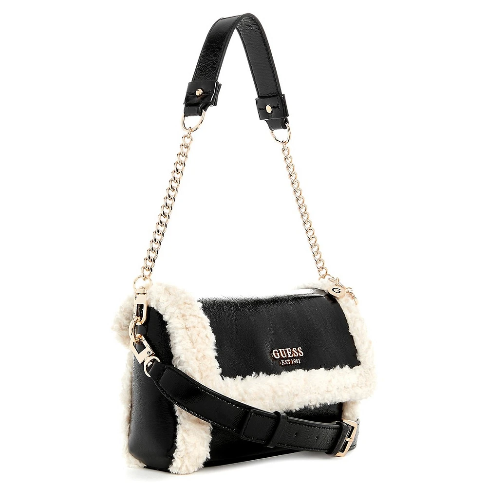 Davika Faux Shearling-Trim Flap Shoulder Bag