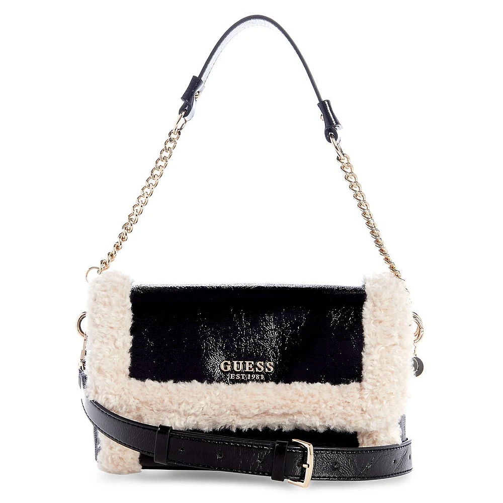 Davika Faux Shearling-Trim Flap Shoulder Bag