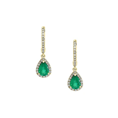 14K Yellow Gold Emerald & Diamond Dangle Drop Earrings
