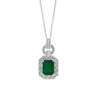 14K White Gold, Emerald & 0.19 CT. T.W. Diamond Octagon Halo Pendant Necklace