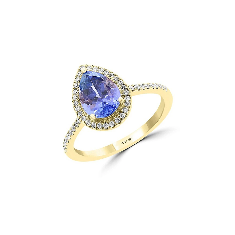 Bague halo en or jaune 14 carats, tanzanite et diamant taille poire de 0,25 ct. TW