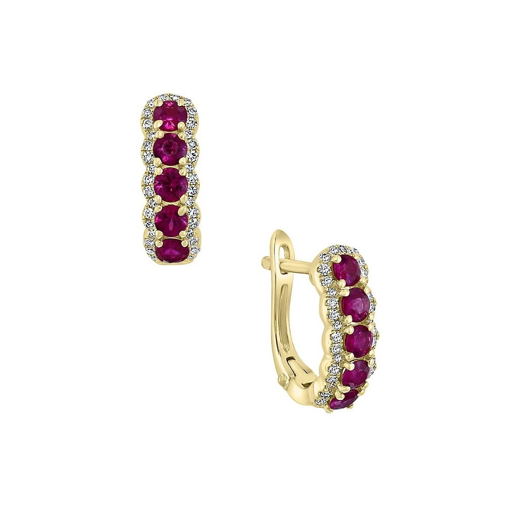 14K Yellow Gold, Natural Ruby & 0.27 CT. T.W. Diamond Huggie Earrings