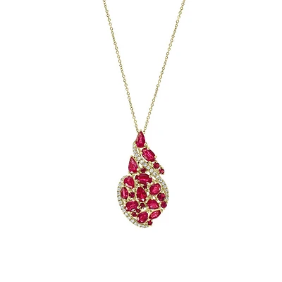 14K Yellow Gold Natural Ruby 0.14 CT. T.W. Diamond Pendant Necklace