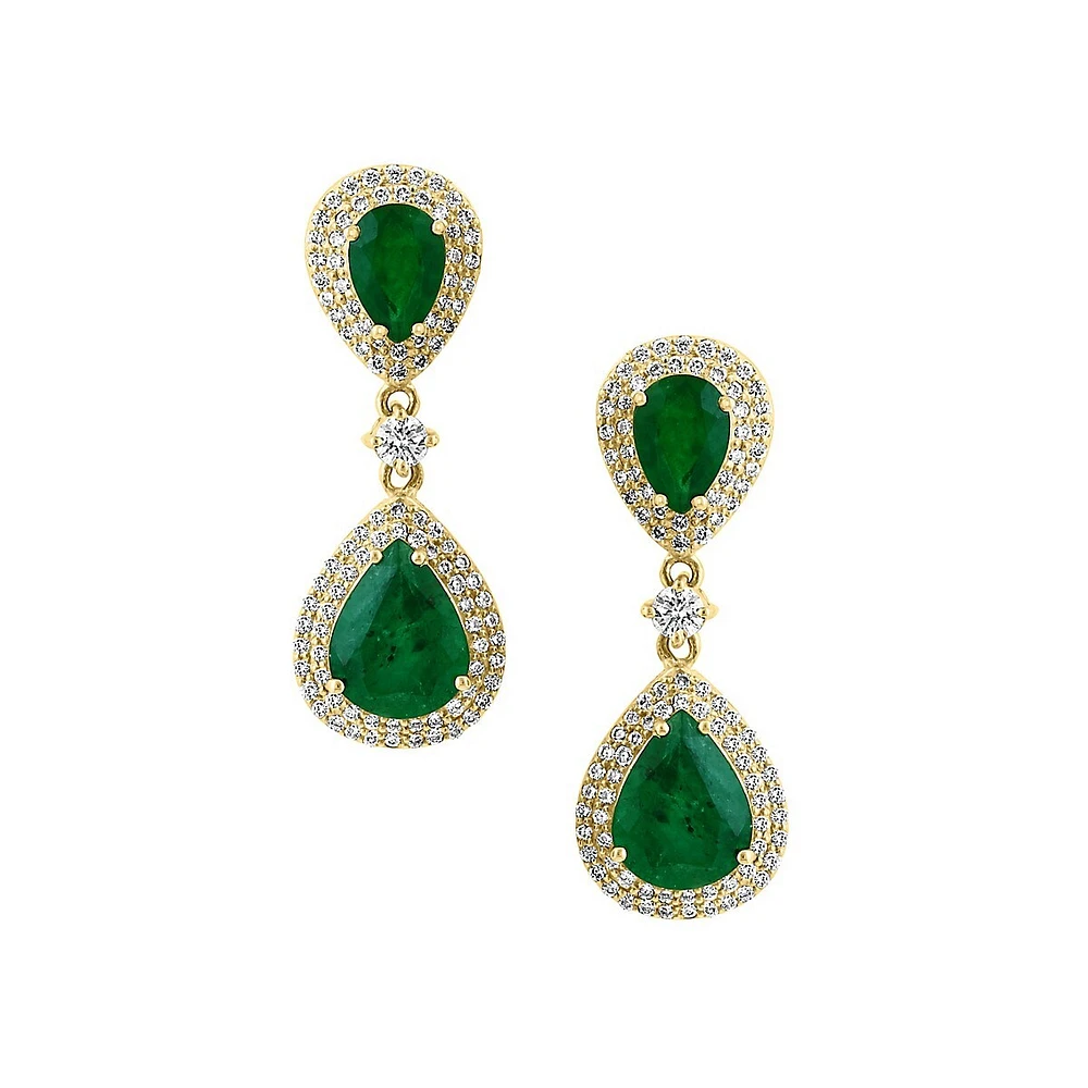 Boucles d'oreilles pendantes en or jaune 14 carats, 0,92 ct. TW, diamant et émeraude naturelle