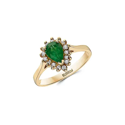14K Yellow Gold, 0.15 CT. T.W. Diamond & Emerald Teardrop Claw-Set Ring
