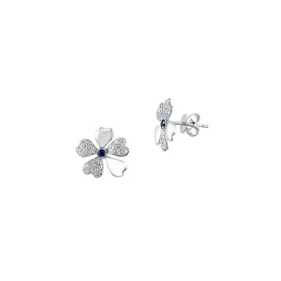 14K White Gold, 0.46 CT. T.W Diamond & Sapphire Floral Stud Earrings