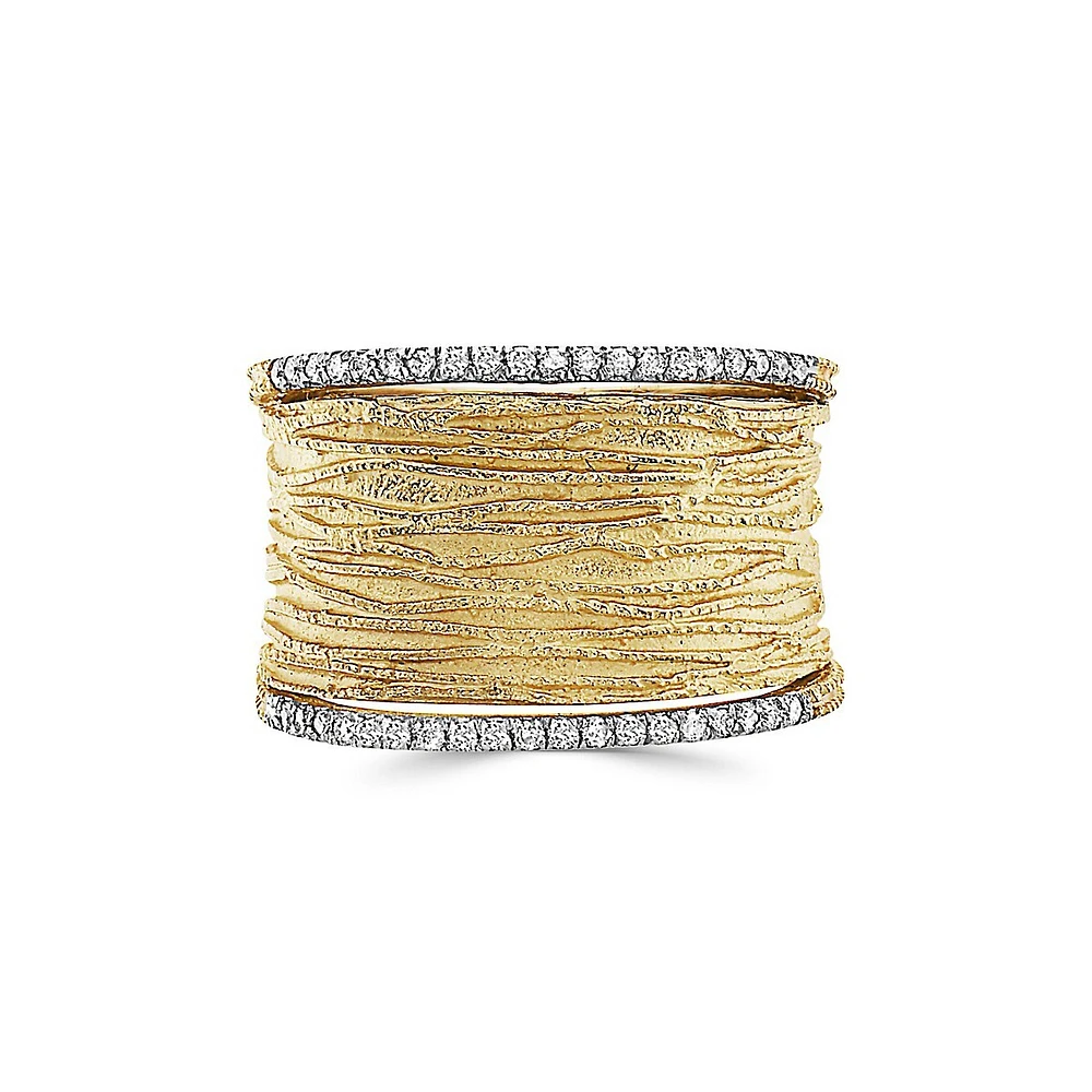 Textured Wide 14K Yellow Gold & 0.2 CT. T.W. Diamond Trim Ring