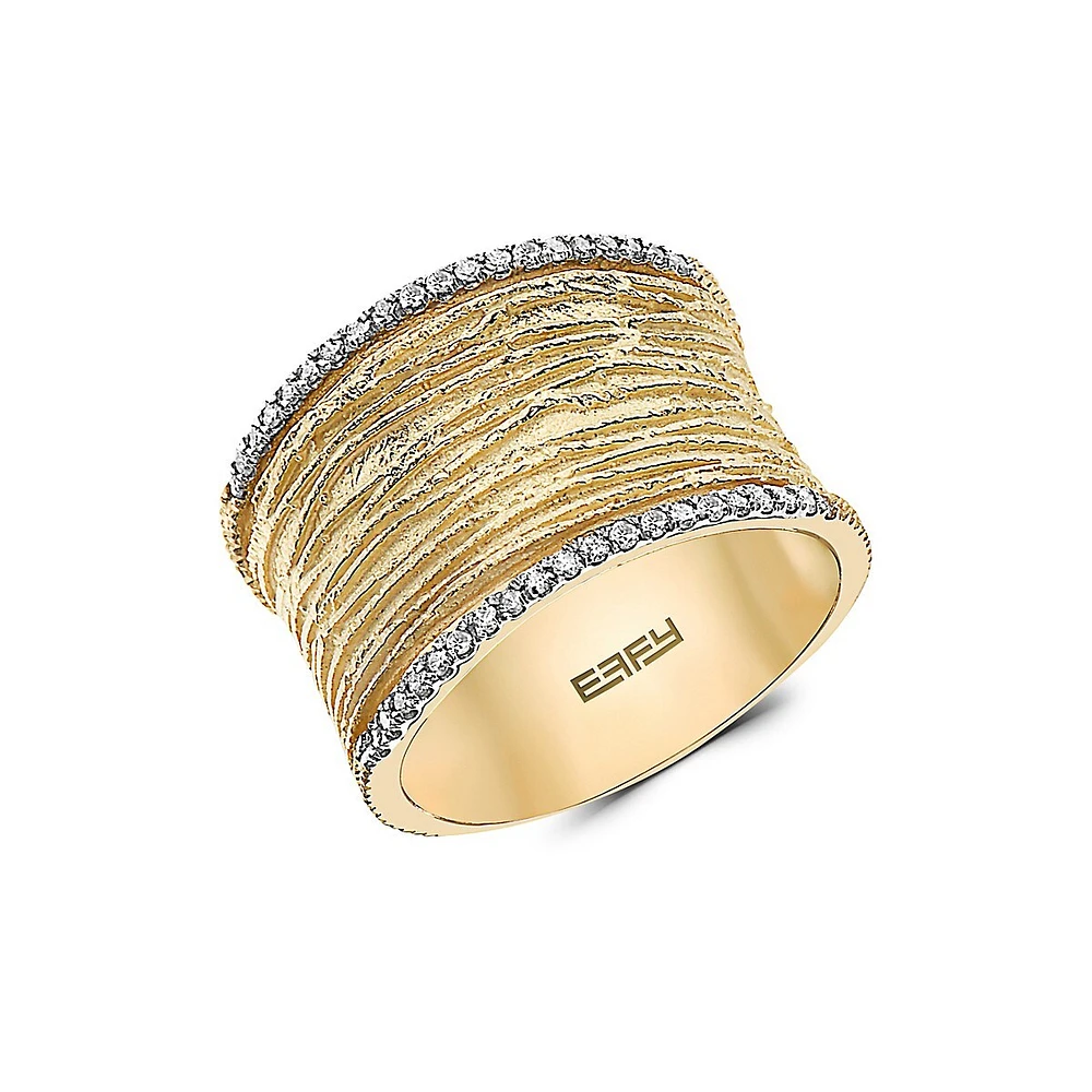 Textured Wide 14K Yellow Gold & 0.2 CT. T.W. Diamond Trim Ring