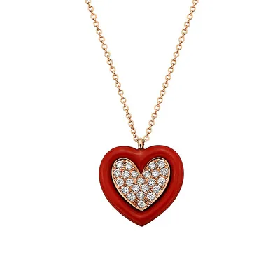 14K Rose Gold, Enamel & 0.19 CT. T.W. Diamond Heart Pendant Necklace