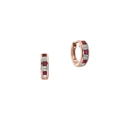 14K Rose Gold, 0.18 CT. T.W. Diamond & Ruby Huggie Earrings