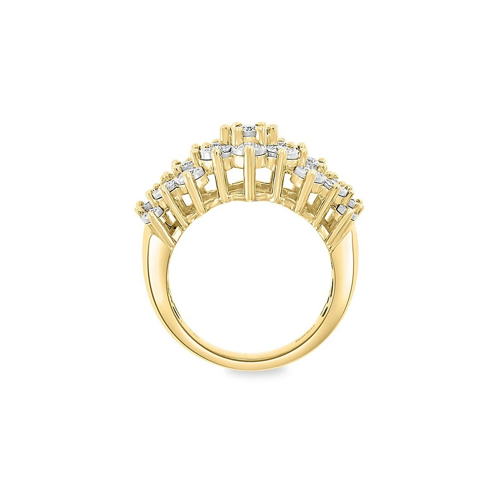 Bague en or jaune 14 ct avec grappe de diamants 0,95 ct PT