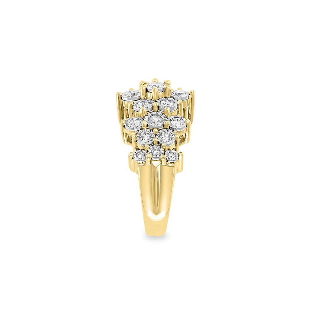 Bague en or jaune 14 ct avec grappe de diamants 0,95 ct PT