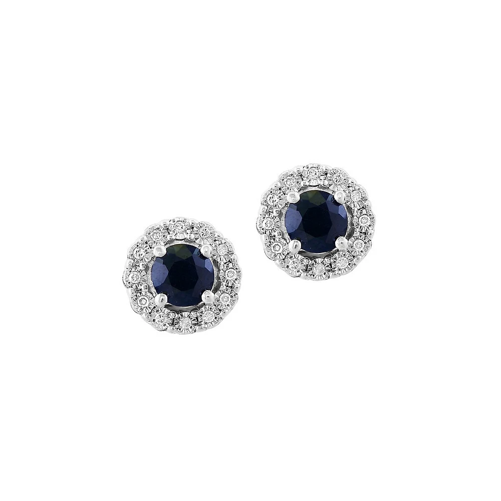 Boucles d'oreilles à tige rondes en argent sterling, 0,09 ct. TW, avec diamant et saphir naturel