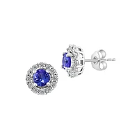 Boucles d'oreilles à tige en argent sterling avec halo de diamants et de tanzanites de 0,09 ct. TW