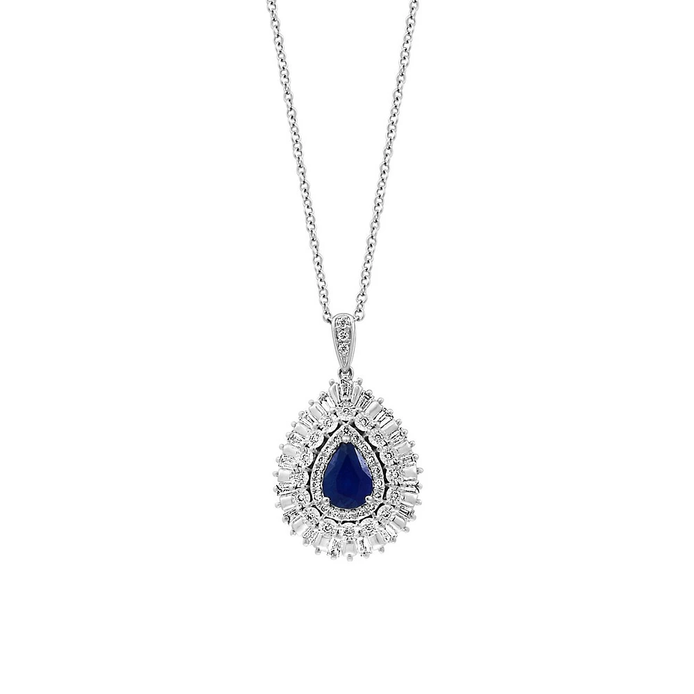 14K White Gold, Natural Blue Sapphire & 0.38 CT. T.W. Diamond Pendant Necklace