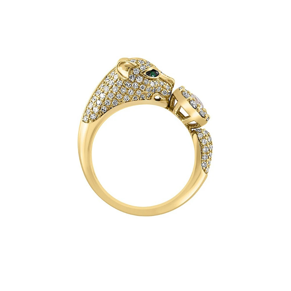 Bague panthère en or jaune 14 carats, avec diamants de 1,08 ct et émeraude naturelle