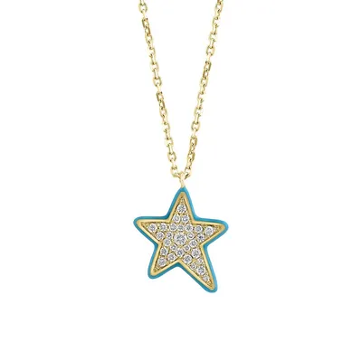 14K Yellow Gold, Blue Enamel & 0.2 CT. T.W. Diamond Star Pendant Necklace