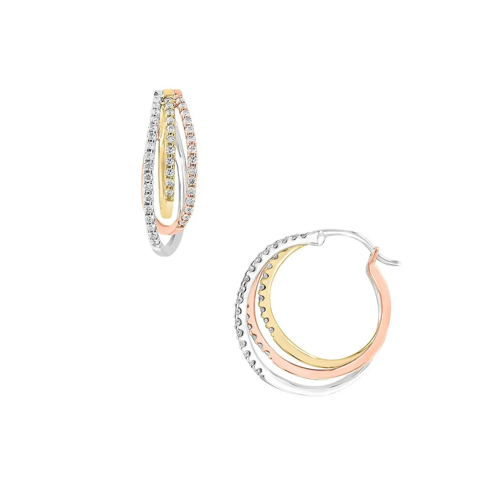 14K White, Yellow & Rose Gold & 0.42 CT. T.W. Diamond Hoop Earrings