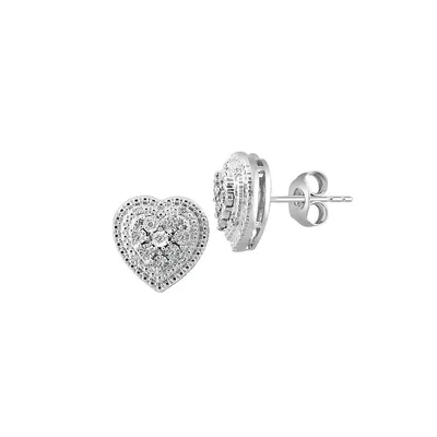 Sterling Silver & CT. T.W. Diamond Heart Stud Earrings