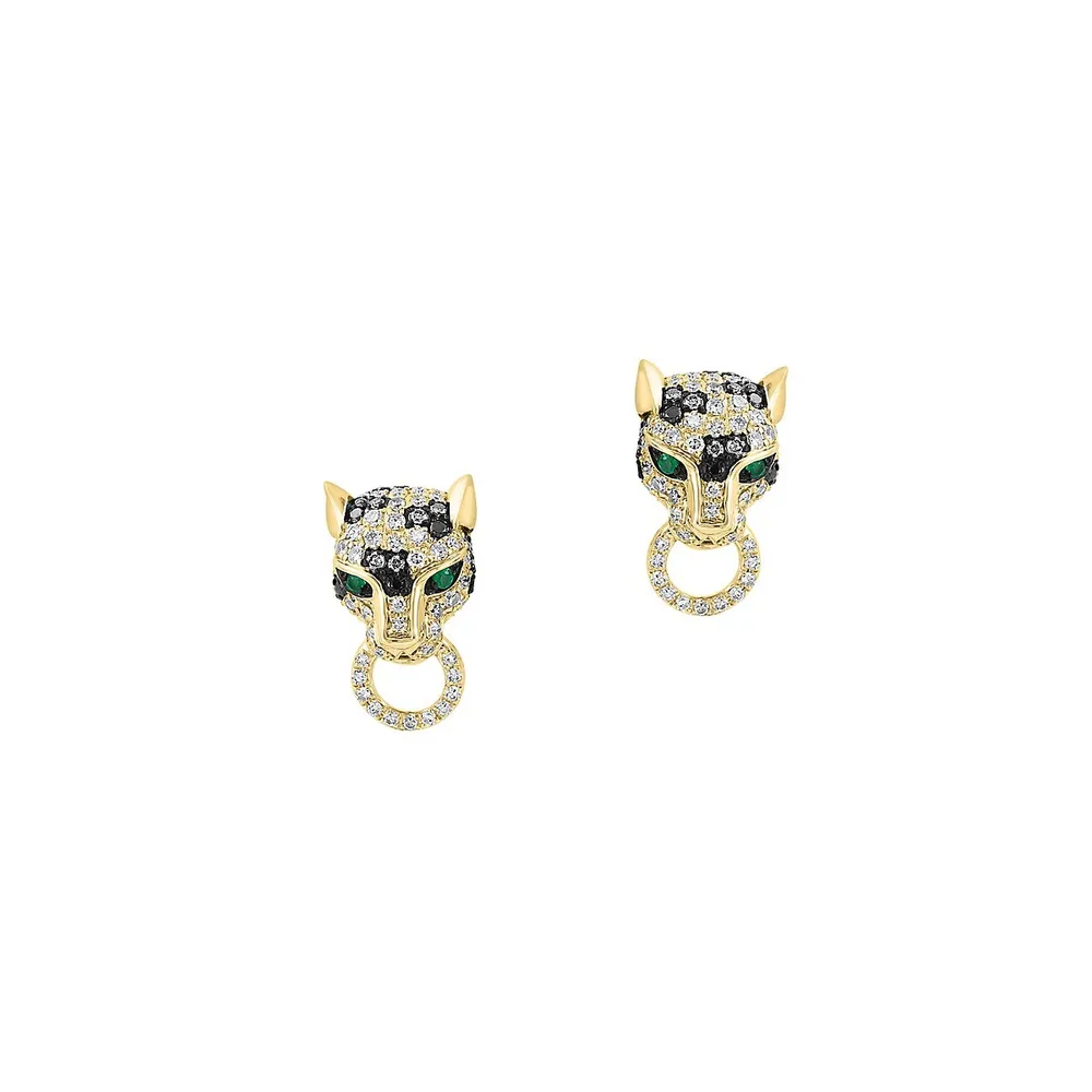 14K Yellow Gold, 0.62 CT. T.W. White & Black Diamond & Emerald Panther Stud Earrings