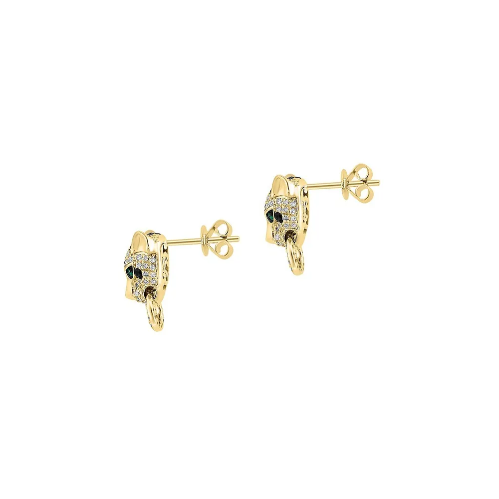 14K Yellow Gold, 0.62 CT. T.W. White & Black Diamond & Emerald Panther Stud Earrings