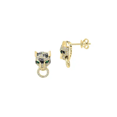 14K Yellow Gold, 0.62 CT. T.W. White & Black Diamond & Emerald Panther Stud Earrings