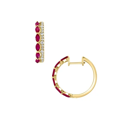 Boucles d'oreilles créoles en or jaune 14 carats, 0,4 carat de diamant et rubis naturel