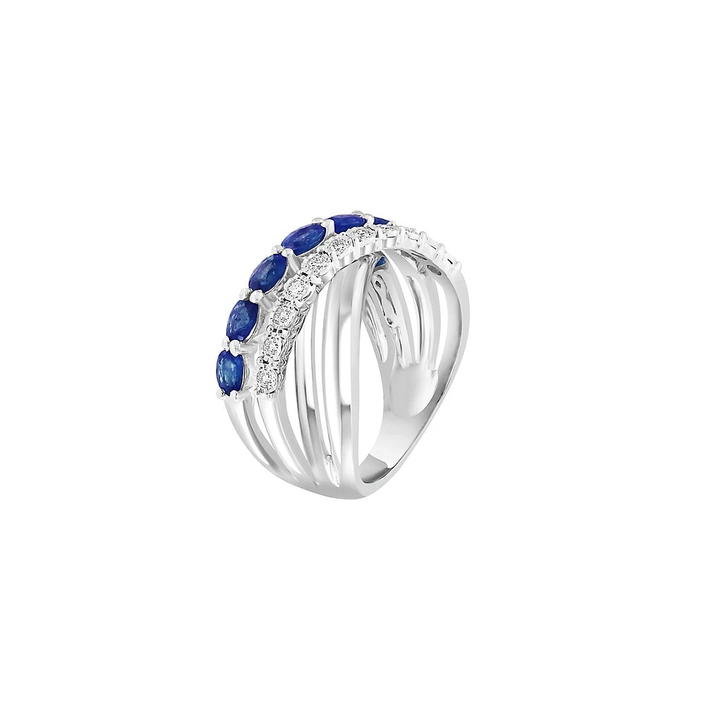 Sterling Silver, Natural Sapphire & 0.16 CT. T.W. Diamond Ring