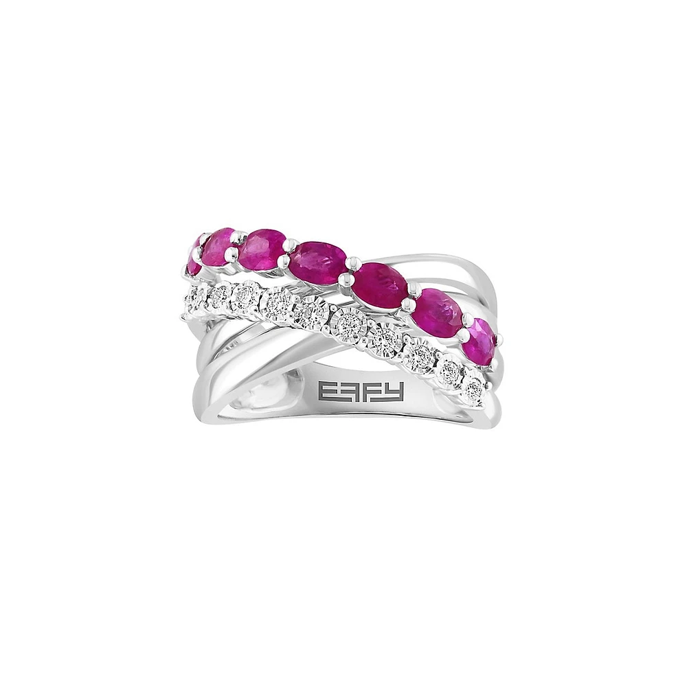 Bague croisée en argent sterling avec diamant de 0,16 ct et rubis naturel