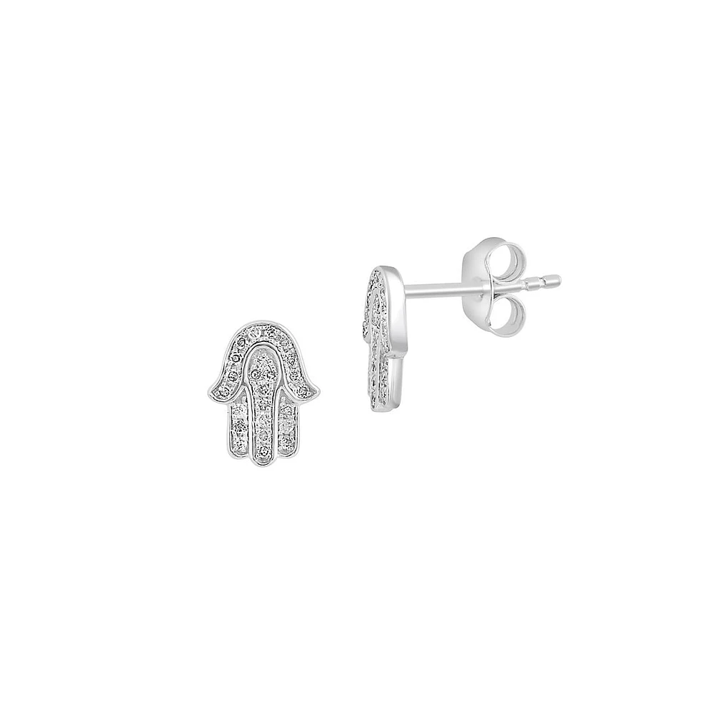 Sterling Silver & 0.13 CT. T.W. Diamond Hamsa Stud Earrings