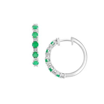 925 Sterling Silver, Green Emerald & 0.03 CT. T.W. Diamond Hoop Earrings