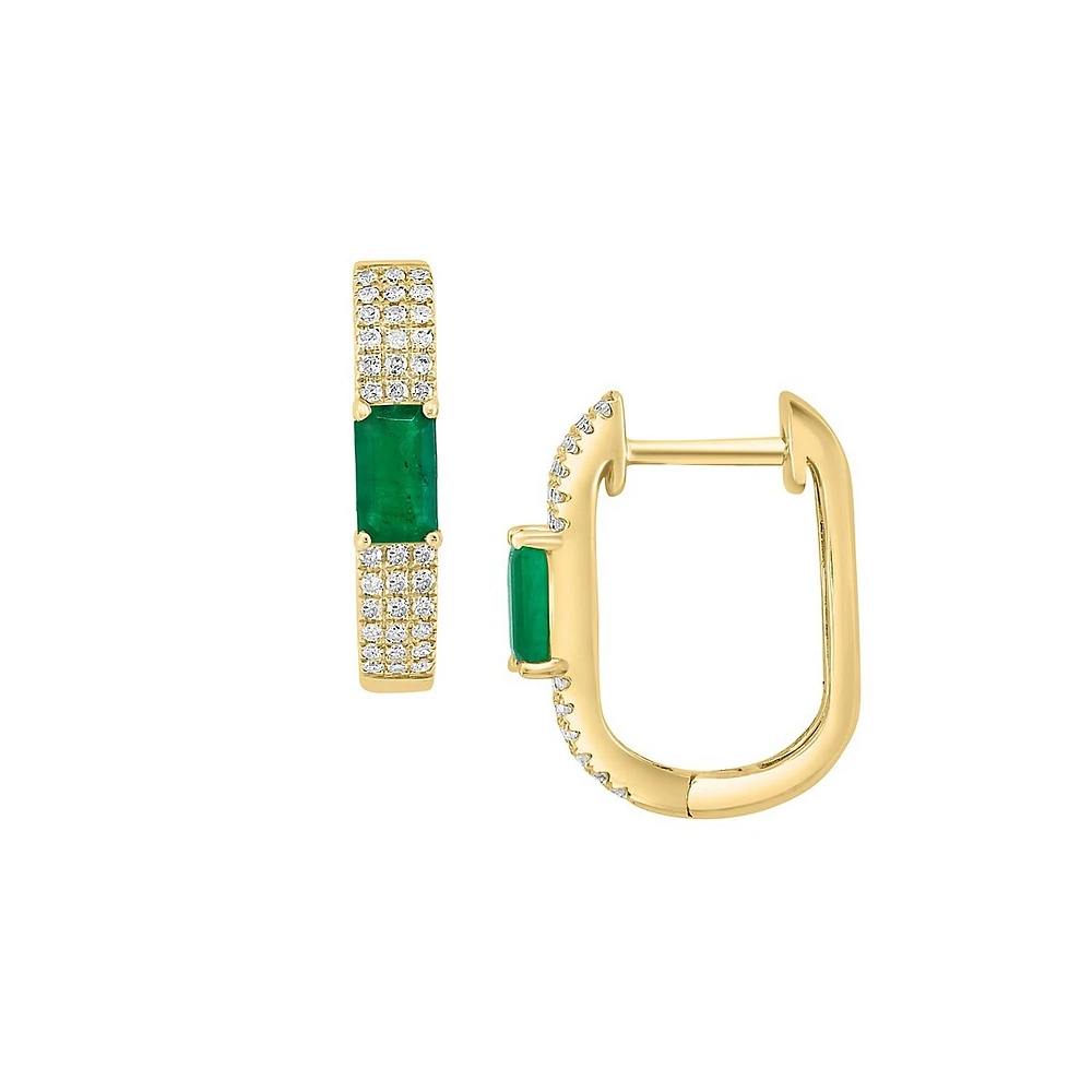 14K Yellow Gold, Green Emerald & 0.21 CT.T.W. Diamond Hoop Earrings