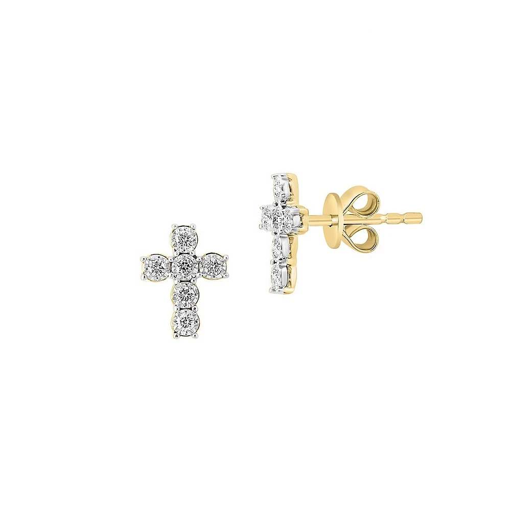 Boucles d'oreilles en forme de croix en or jaune et blanc 14 ct avec diamants de 0,18 ct (PT)