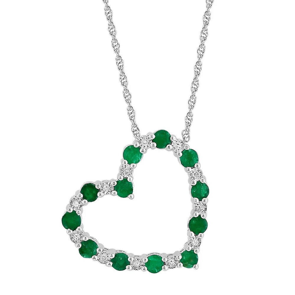 Effy 925 Sterling Silver Diamond & Emerald Pendant Necklace