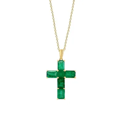14K Yellow Gold Natural Emerald Cross Pendant Necklace