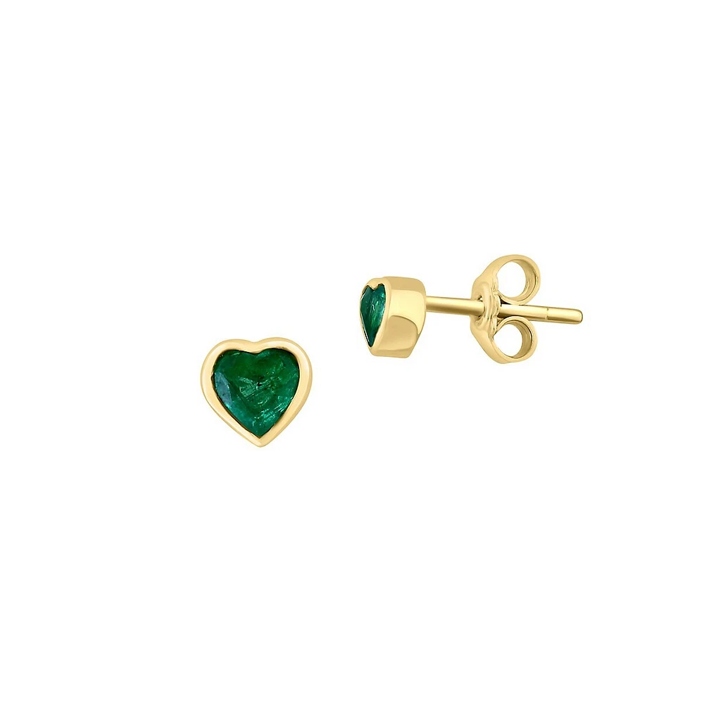 14K Yellow Gold & Emerald Heart Stud Earrings