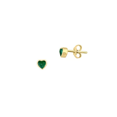 Boucles d'oreilles en or jaune 14 ct en forme de cœur avec émeraude