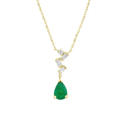 14K Yellow Gold, 0.11 CT. T.W. Diamond & Natural Emerald Pendant Necklace