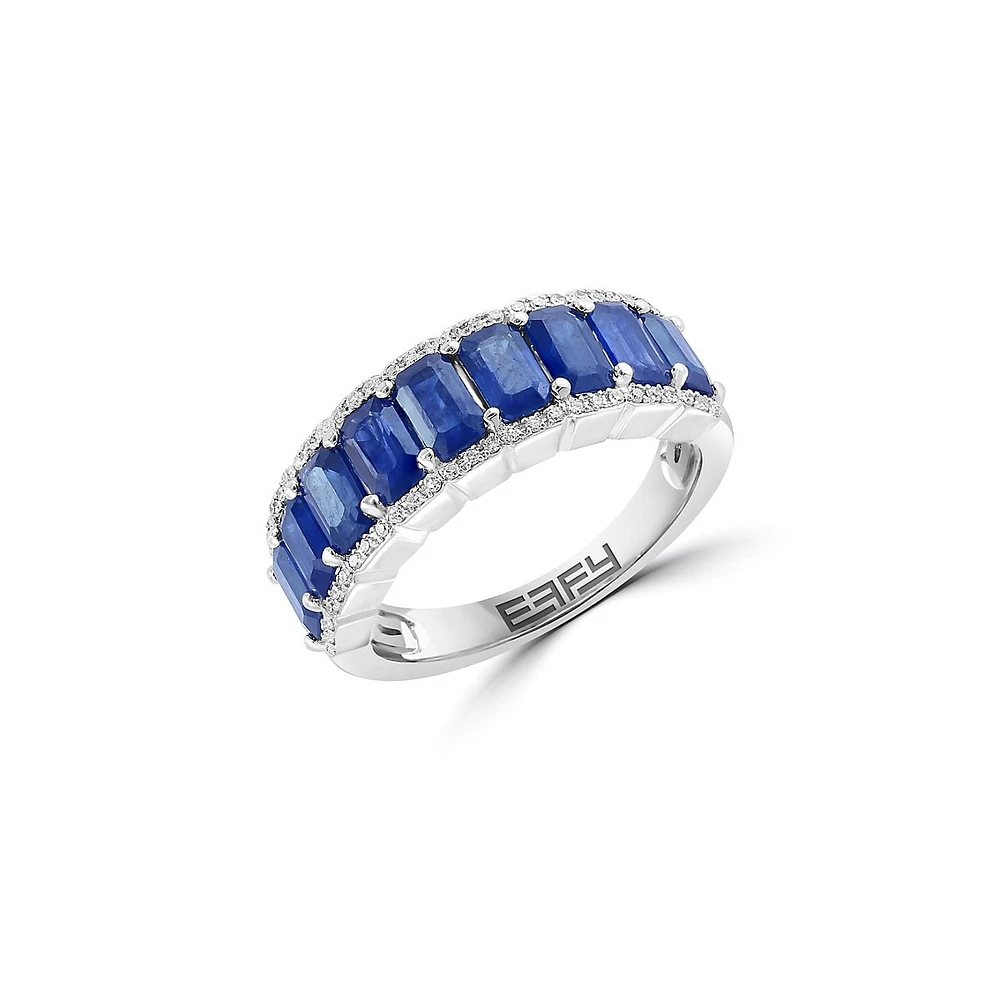 Sterling Silver, Natural Sapphire & 0.16 CT.T.W. Diamond Channel Ring