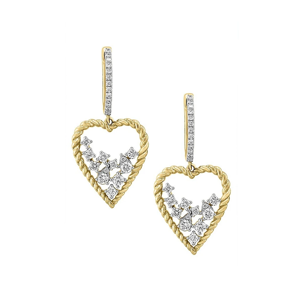 Pendants d'oreilles en or jaune 14 ct avec grappe de diamants de 0,54 ct (PT) en forme de cœur