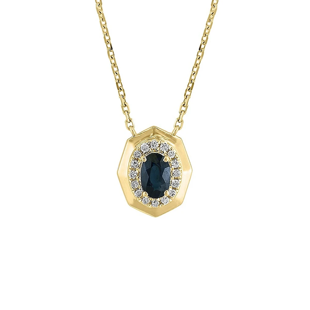 14K Yellow Gold, Natural Sapphire & 0.08 CT. T.W. Diamond Halo Pendant Necklace