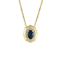 14K Yellow Gold, Natural Sapphire & 0.08 CT. T.W. Diamond Halo Pendant Necklace