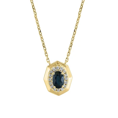 14K Yellow Gold, Natural Sapphire & 0.08 CT. T.W. Diamond Halo Pendant Necklace