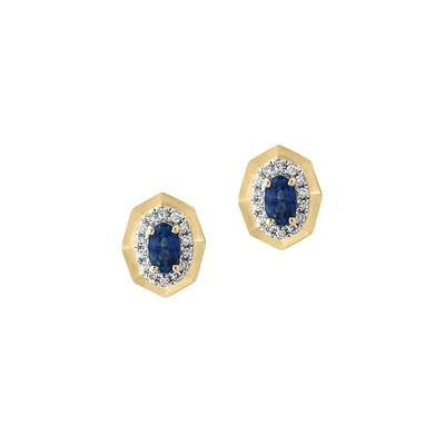 Or jaune 14 carats, saphir naturel et amp; 0,14 CT. Boucles d'oreilles à tige halo de diamants TW