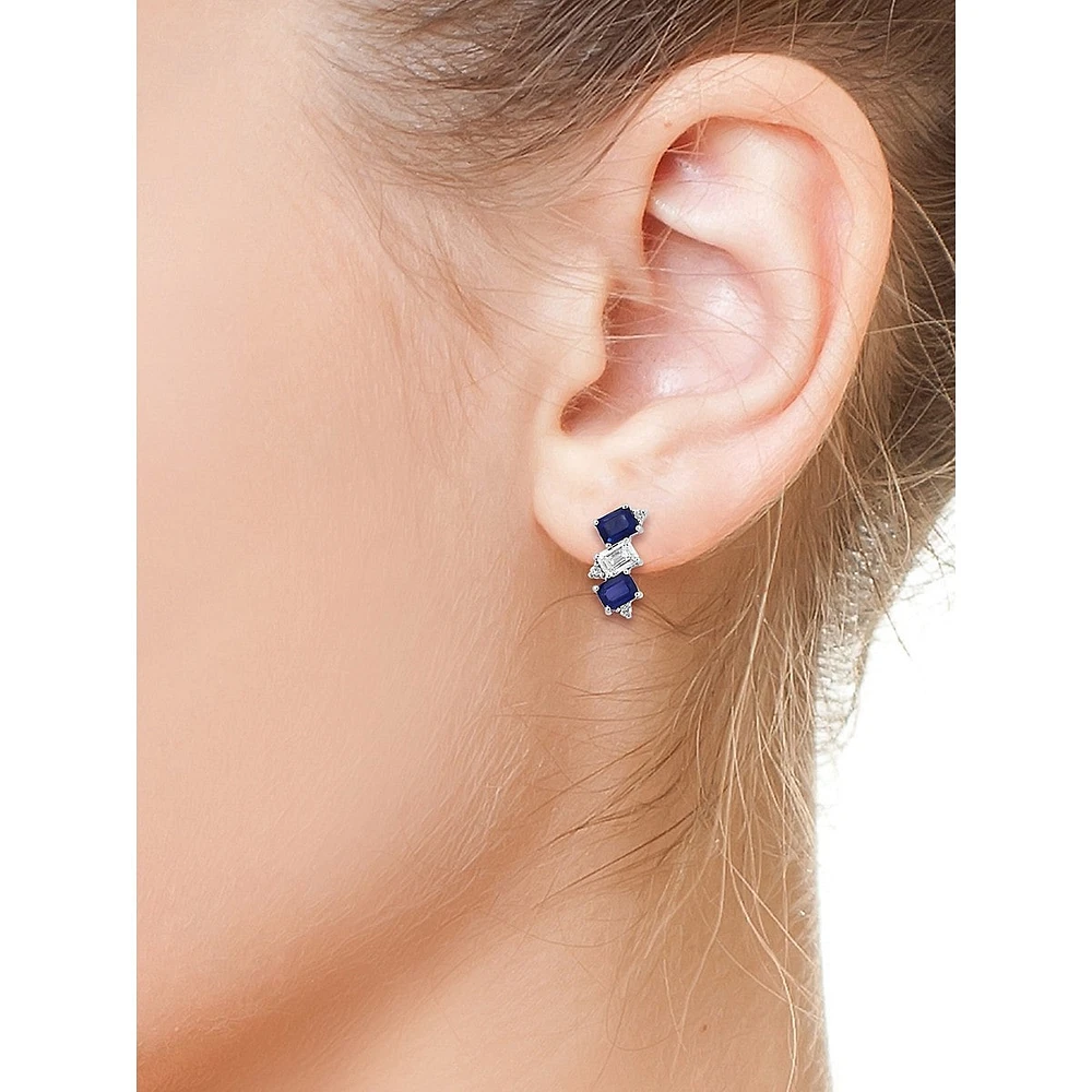 Sterling Silver, Natural Blue Sapphire, White Sapphire & 0.04 CT. T.W. Diamond Stud Earrings