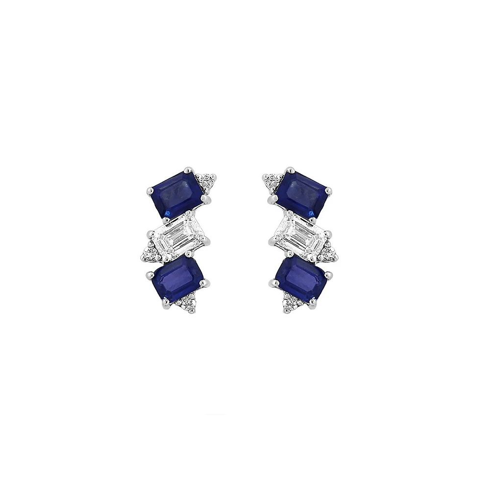 Sterling Silver, Natural Blue Sapphire, White Sapphire & 0.04 CT. T.W. Diamond Stud Earrings