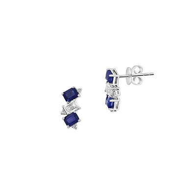 Sterling Silver, Natural Blue Sapphire, White Sapphire & 0.04 CT. T.W. Diamond Stud Earrings