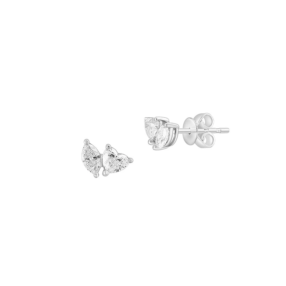 14K White Gold & 0.75 CT. T.W. Marquise & Heart-Shaped Diamond Stud Earrings