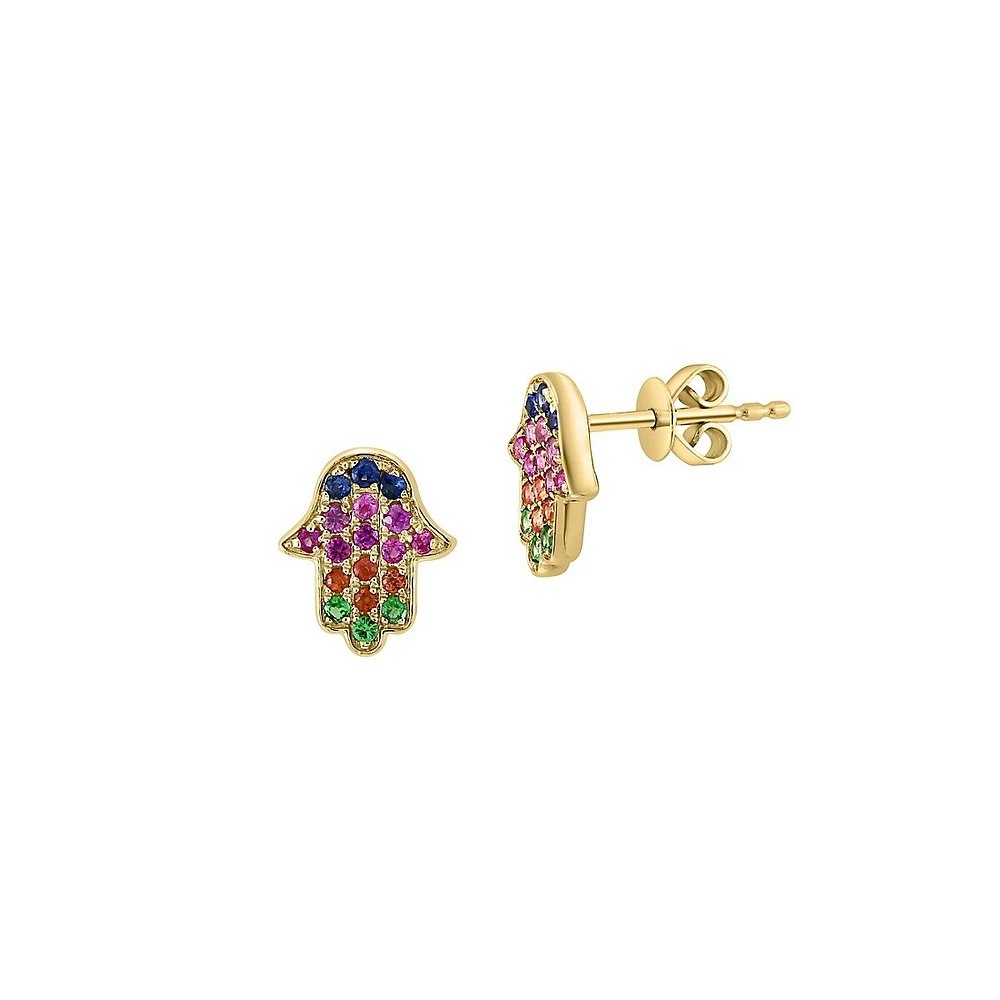 14K Gold Over Silver & Multi-Stone Hamsa Stud Earrings